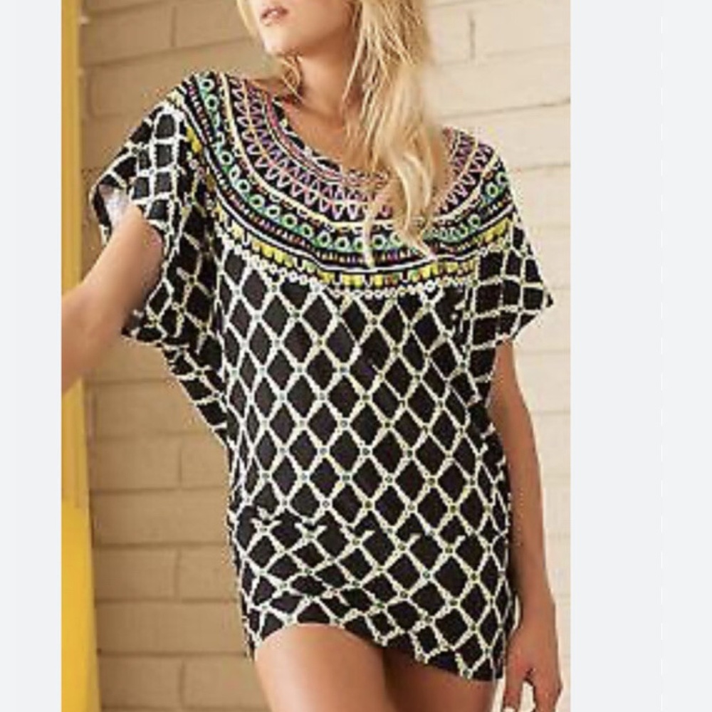Trina Turk Black Swim Tunic with Multicolor Embellished Scoop Neck
